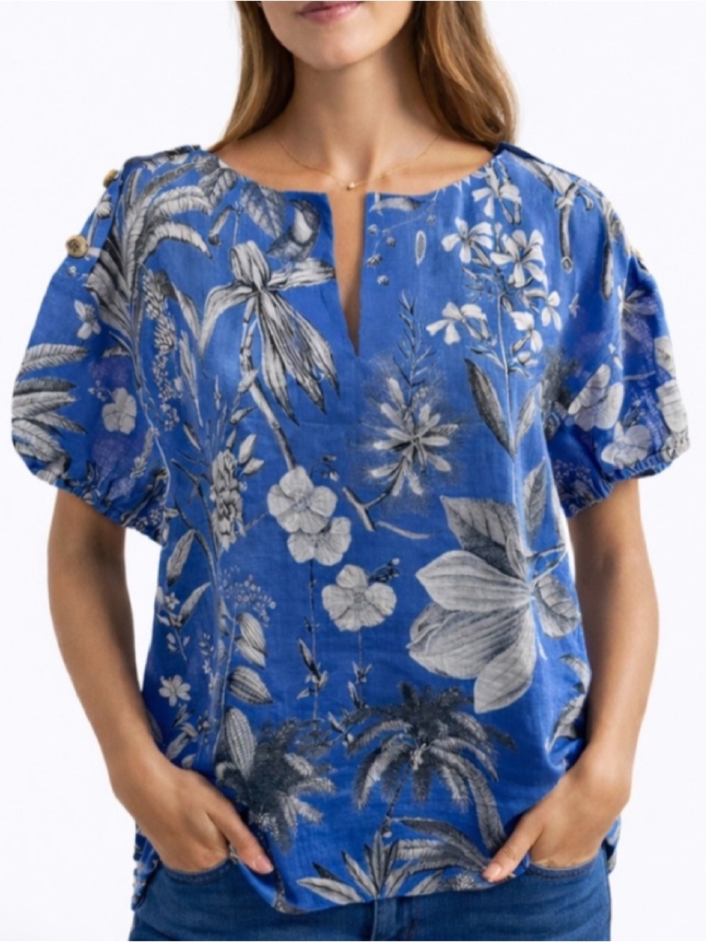 J. Crew Ratti Blue Tropical Toile Linen Short Sleeve Top Womens Small NEW
